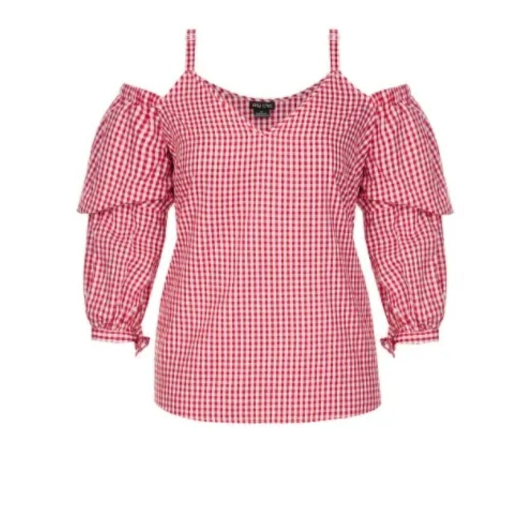 City Chic Red Picnic Party Gingham Checks Cold Shoulder Puff Short Sleeve Blouse